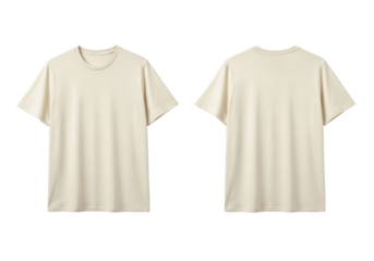 Two cream-colored, short-sleeved cotton t-shirts, front and back views, neatly laid flat on a seamless transparent background with soft studio light, professional product mockup