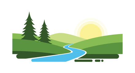 Tranquil landscape with winding river under a radiant sunrise sky with verdant rolling hills and tall evergreen trees