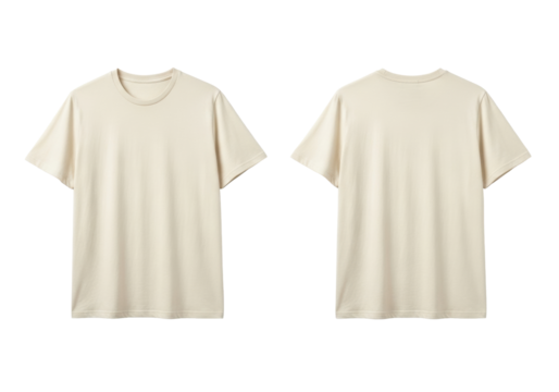 Two cream-colored, short-sleeved cotton t-shirts, front and back views, neatly laid flat on a seamless transparent background with soft studio light, professional product mockup