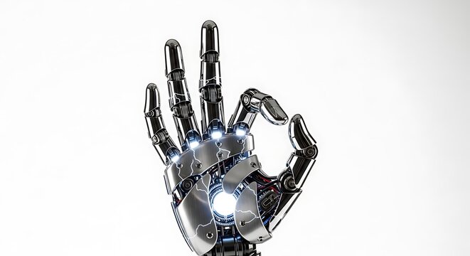 Futuristic Robotic Hand Making Ok Gesture with Glowing Core - Powered by Adobe