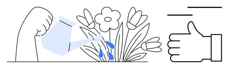 Hand pours water on blooming flowers using a watering can as a thumbs-up sign represents approval. Ideal for growth, environment, sustainability, self-care, gardening, support, motivation, simple