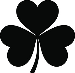 Fototapeta premium Black silhouette of a three-leaf clover with heart-shaped leaves, isolated on white background, St. Patrick's Day symbol, luck and nature icon illustration