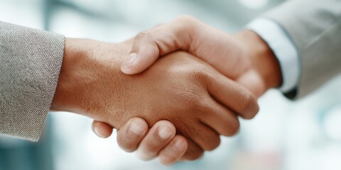 Handshake representing effective communication, minimalistic office setting, neutral background