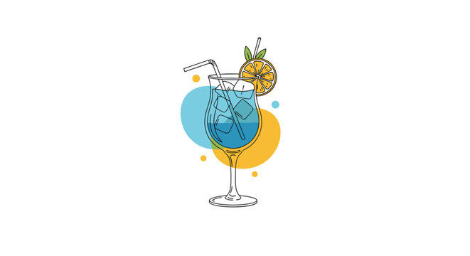 Refreshing summer beverage cocktail drink with citrus garnish and colorful abstract shapes for tropical party invitation background