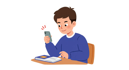 Young man using a smartphone while studying at his desk illustration featuring chatting, cheerful, cellphone,