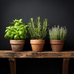 Fototapeta premium Fresh Green Herbs in Terra Cotta Pots on Rustic Wooden Shelf with Dark Background
