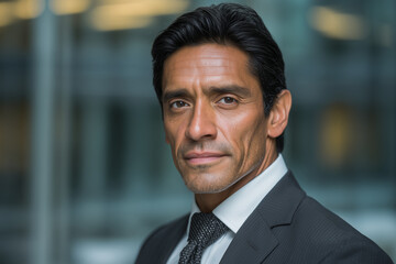 Fototapeta premium a confident Ecuadorian businessman, male, 40-45 years old, front-facing, professional corporate headshot, elegant dark suit with tie, subtle Continental Tire branding accent