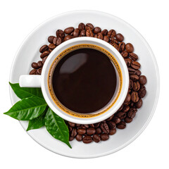 Dark coffee beans are roasted to a deep brown and served in a white ceramic mug, creating a rich, hot breakfast drink with a stimulating aroma