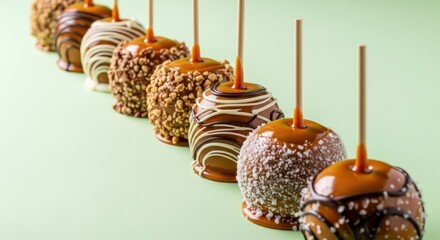 Delicious caramel apples lined up with various toppings create a sweet treat display