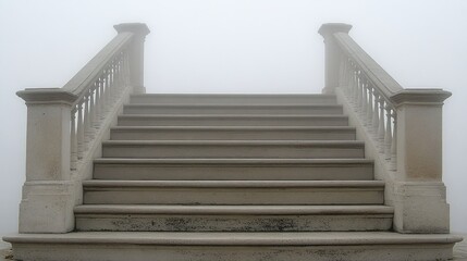 Stone Staircase Ascending into Dense Fog, Architectural Mystery, Atmospheric Perspective.