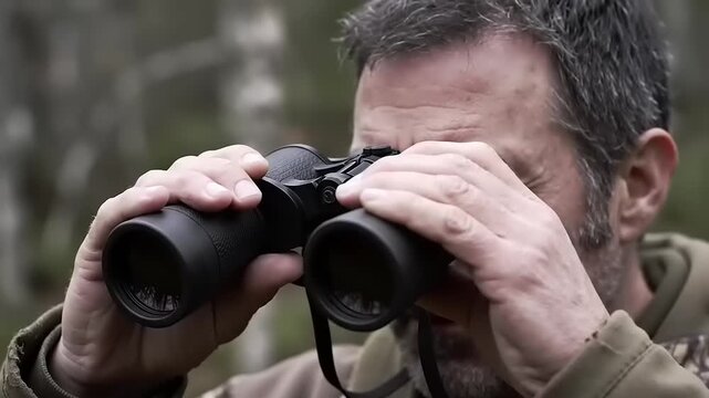 Man using binoculars in forest. - Powered by Adobe