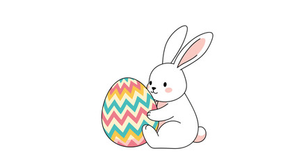 Adorable white bunny holding a colorful chevron pattern easter egg for spring celebration joyful holiday decoration