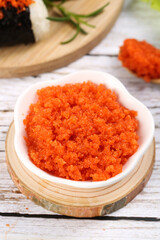 Fresh Orange Flying Fish Roe Tobiko in Bowl Japanese Cuisine Ingredient Sushi Bakudon Seafood Delicacy