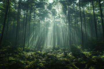 Obraz premium Sunlight filters through dense forest, casting patterns on the floor.