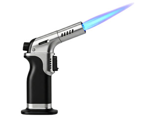 Professional kitchen blowtorch with a burning blue jet flame on a transparent background