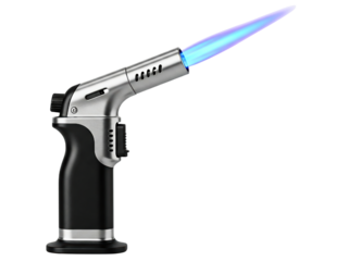 Professional kitchen blowtorch with a burning blue jet flame on a transparent background