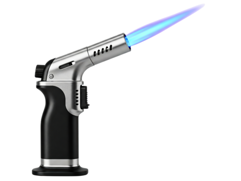 Professional kitchen blowtorch with a burning blue jet flame on a transparent background