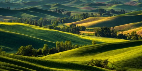 Fototapeta premium Rolling Hills of Agriculture with Lush Green Fields and Warm Earth Tones in a Serene Landscape at Golden Hour Light