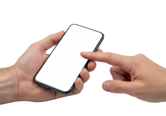 Adult Caucasian male hand gripping sleek black smartphone with blank white screen, index finger poised, on light uniform background, copy space, soft studio light. Concept of mobile interaction