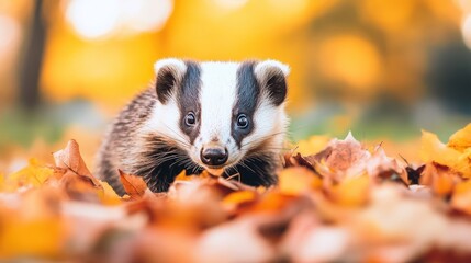 Fototapeta premium Curious Badger Portrait Amidst Golden Autumn Leaves, Striking Black and White Markings