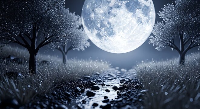 Enigmatic luminous moonscape with tranquil river and frosted trees