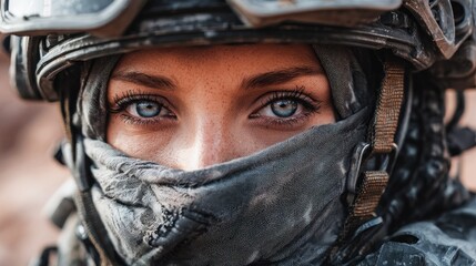 Woman soldier eyes close up