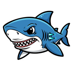 Naklejka premium A cartoon illustration of a ferocious blue shark with sharp teeth and a fierce expression. The shark is depicted in a pixelated style against a black background. The artwork is vibrant and playful