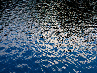 Abstract Water Surface with Sky and Clouds Reflection Creating Ripple Patterns - Blue Nature Background.