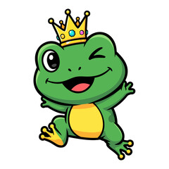 Fototapeta premium Illustration of a happy cartoon amphibian wearing a golden crown, winking, and leaping joyfully against a dark background. The amphibian is predominantly green with yellow accents, exhibiting a