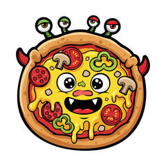 Fototapeta premium A joyful cartoon pizza with horns and multiple eyes, oozing cheese. It has various toppings such as pepperoni, mushrooms, and bell peppers. The style is playful and vibrant, suitable for children's