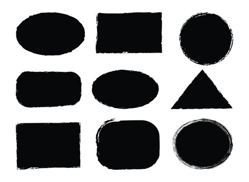 Brush frame rough rectangle, circle, oval, triangle box shape set. Hand drawn texture grunge brush rectangle, circle round text border. Vector illustration