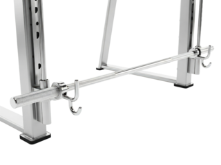 Close-up of a barbell resting on the hooks of a machine on a transparent background