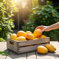 Hand picking fresh Mangoes from wooden crate outdoors in sunlight
