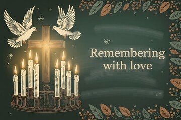 Candles, doves, and cross symbolize peace, remembrance, and hope, perfect for memorial services and religious events