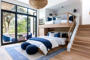 Modern bedroom with loft bed featuring wooden stairs and blue accents