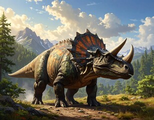 Fototapeta premium Epic triceratops encounter against a backdrop of mountainous majesty