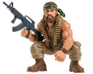 Military action figure with camouflage headband, muscular build, toy rifle, bullet belt, brown boots, and intense expression, collectible plastic model for children and enthusiasts