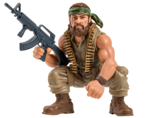 Military action figure with camouflage headband, muscular build, toy rifle, bullet belt, brown boots, and intense expression, collectible plastic model for children and enthusiasts