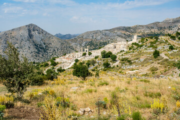 Ruins of the ancient city of Sagalassos against the backdrop of mountains in Aglasun district of Burdur province in Turkey.