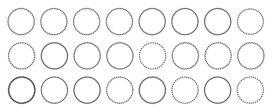 Zigzag edge promo black badges. Round Border Frames. Ideal for vintage label designs.  Wavy edge circle shapes icon collection. 