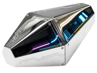 Sci-fi metal case with glowing neon lights and circuit design on a transparent background