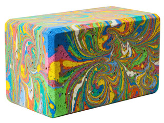 Rectangular foam block with a vibrant multicolored swirl design on a transparent background