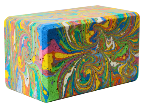 Rectangular foam block with a vibrant multicolored swirl design on a transparent background