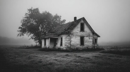 Atmospheric black and white shot of dilapidated house enveloped in dense fog