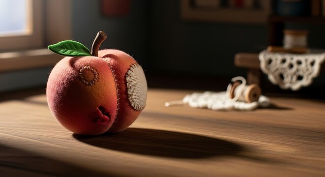 Handcrafted fruit with stitches and patches conveying imperfect charm