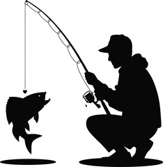 Man casting fishing rod silhouette catching a fish silhouette