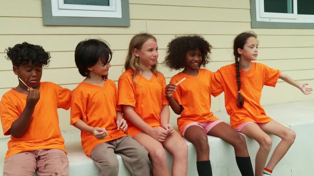 Group young male and female international school students sit in a row eating popsicles to cool down and enjoy their favorite delicious cool ice cream after playing outdoor sports during the summer.