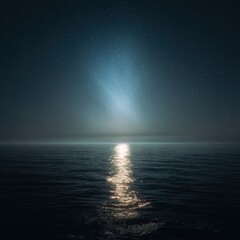Tranquil Night Sea with Moonlight Reflection Illuminating the Calm Water Under a Starry Sky in Serene Atmosphere