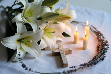 Elegant white lilies with glowing candles and a wooden cross create a serene and comforting spiritual ambiance for memorial services