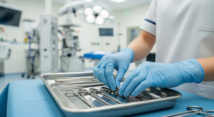 Obraz premium Surgical instruments being arranged metal tray by medical professional wearing blue gloves